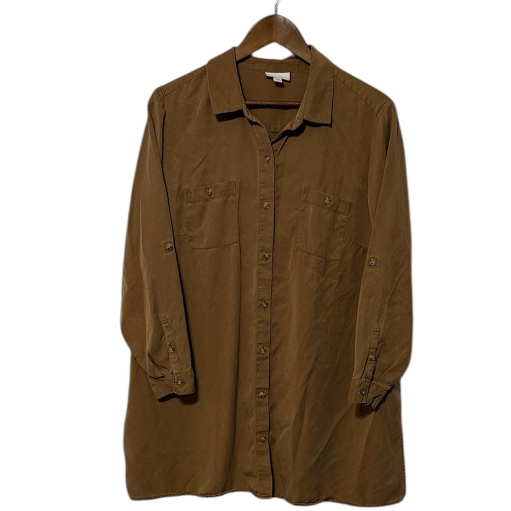 J. Jill Tunic Button Down Roll Tab Sleeve Neutral Brown Tencel Lyocel Lagenlook